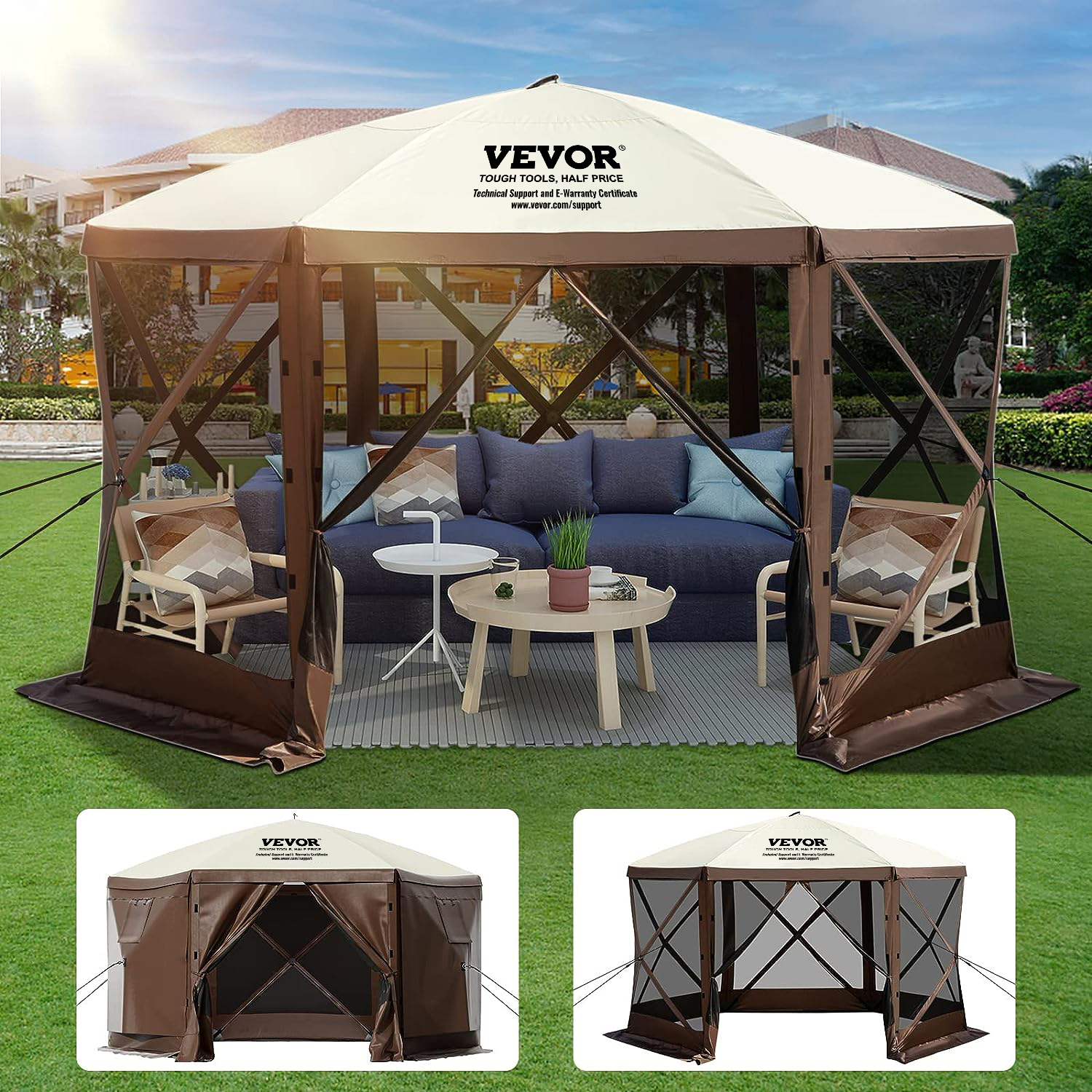 VEVOR camping gazebo with a sofa set, chairs, and table on green lawn near a resort building.
