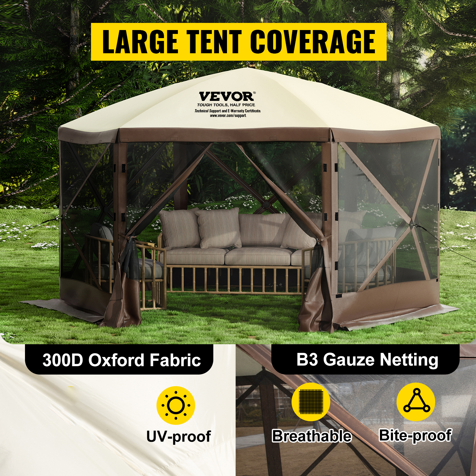 VEVOR camping gazebo with large tent coverage, waterproof oxford fabric, uv-proof, and breathable netting.