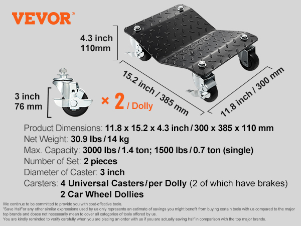 VEVOR wheel dolly specs: 11.8"x15.2"x4.3", 3000 lbs max, 30.9 lbs, 4 universal casters, set of 2.