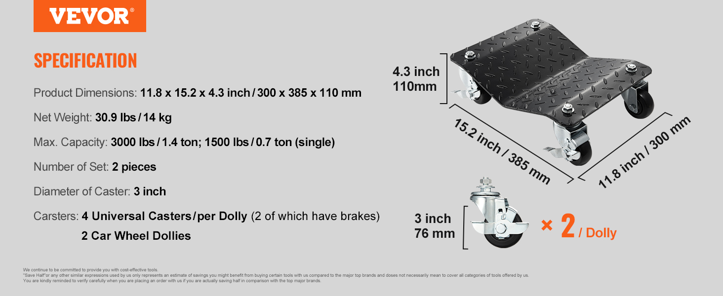 VEVOR wheel dolly specs: 11.8"x15.2"x4.3", 3000 lbs max, 30.9 lbs, 4 universal casters, set of 2.