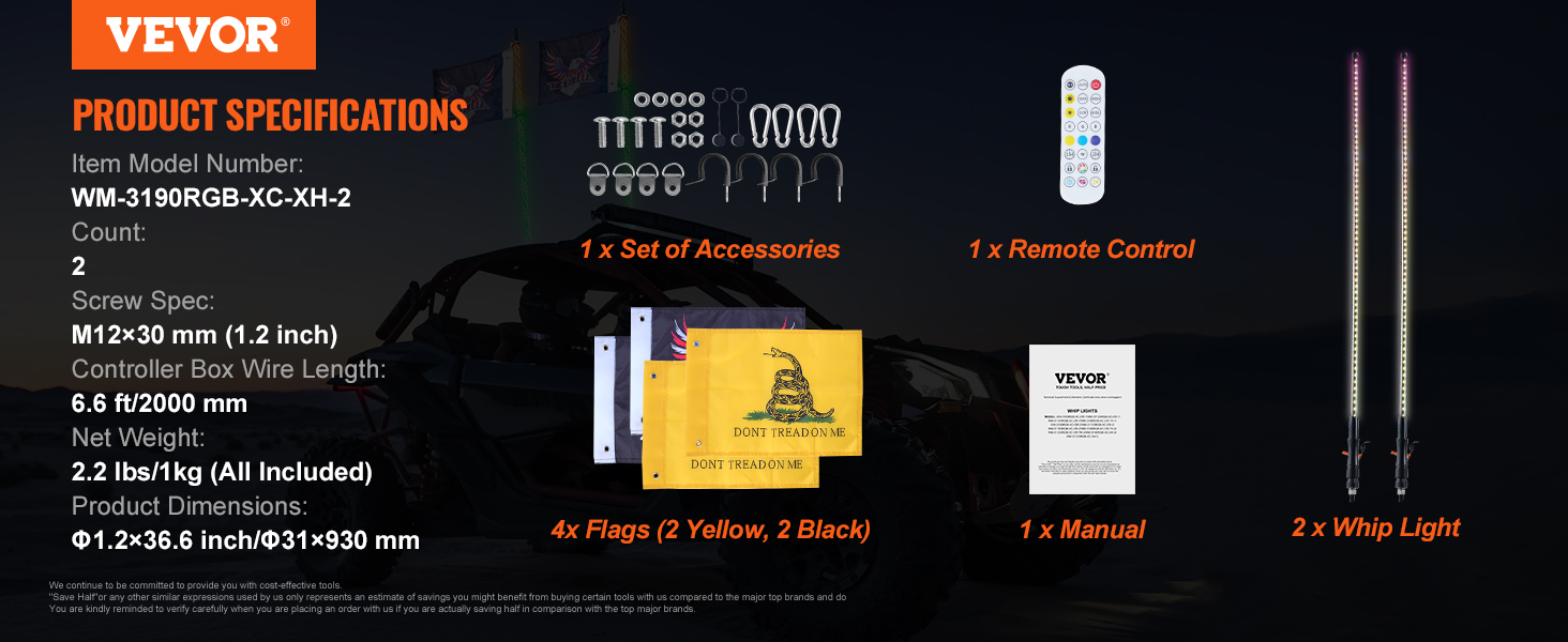 VEVOR led whip lights with accessories, remote control, manual, and 4 flags (2 yellow, 2 black).