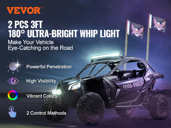 VEVOR led whip lights for vehicles, 2 pcs 3ft, 180° ultra-bright, vibrant colors, high visibility.