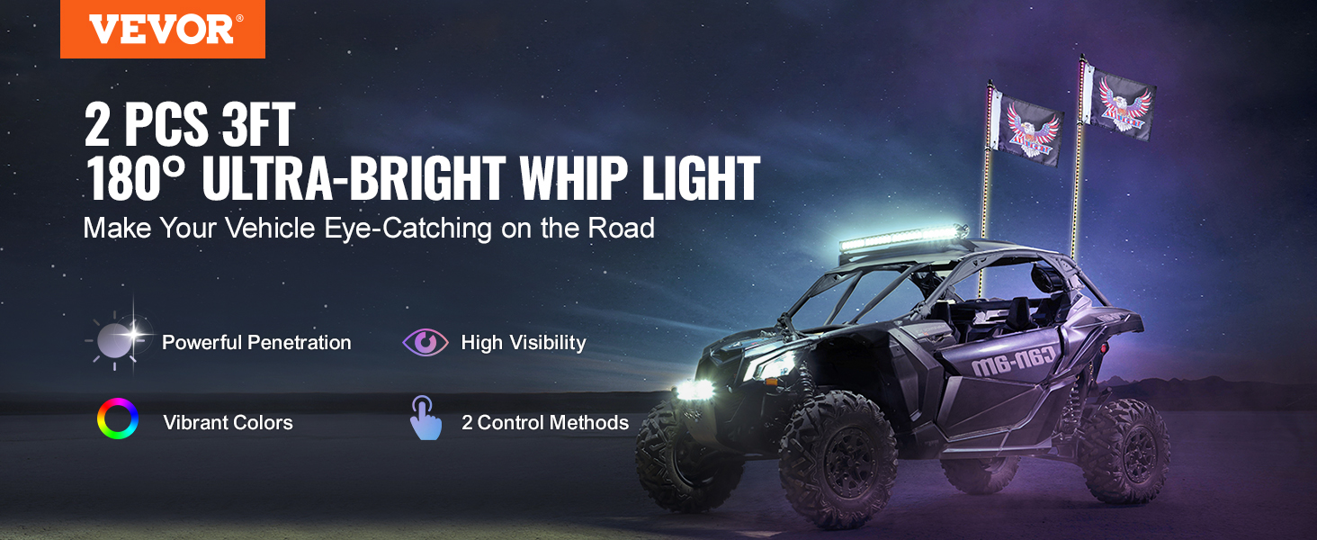 VEVOR led whip lights for vehicles, 2 pcs 3ft, 180° ultra-bright, vibrant colors, high visibility.