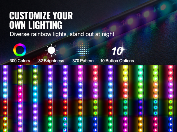 VEVOR led whip lights with 300 colors, 370 patterns, adjustable brightness, and 10 button options.