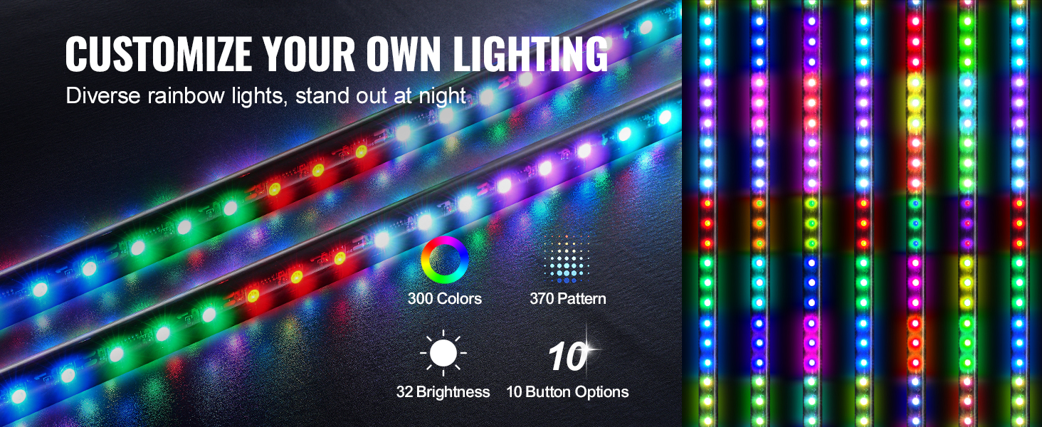 VEVOR led whip lights with 300 colors, 370 patterns, adjustable brightness, and 10 button options.