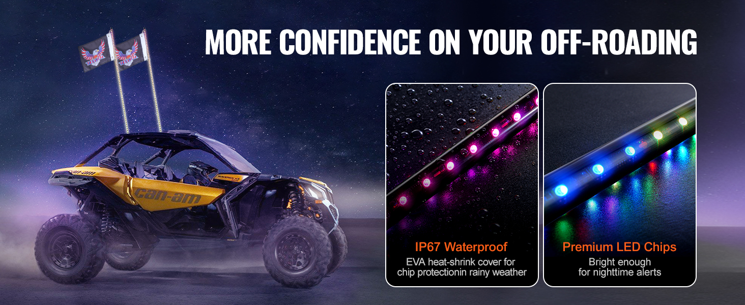 yellow can-am with VEVOR led whip lights, showcasing ip67 waterproof and premium led chips.