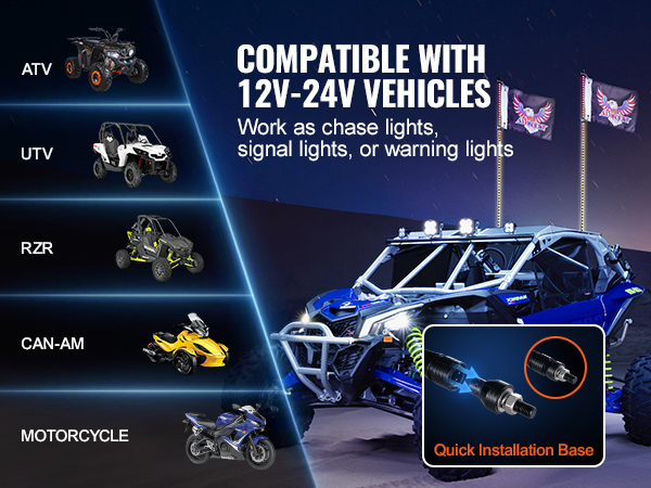 compatible with 12v-24v vehicles, VEVOR led whip lights for atv, utv, rzr, can-am, and motorcycles.