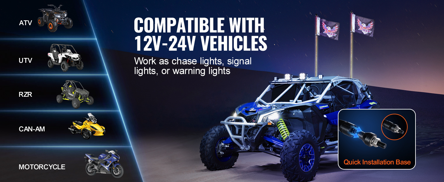 compatible with 12v-24v vehicles, VEVOR led whip lights for atv, utv, rzr, can-am, and motorcycles.