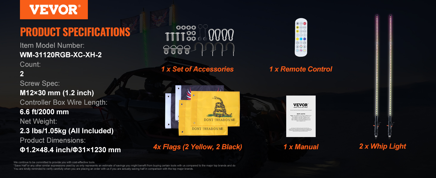 VEVOR whip light kit includes 2 whip lights, remote control, accessories, manual, and 4 flags.