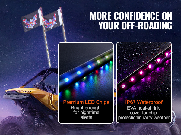 yellow off-road vehicle with VEVOR whip light flags, showcasing waterproof and premium led chips.