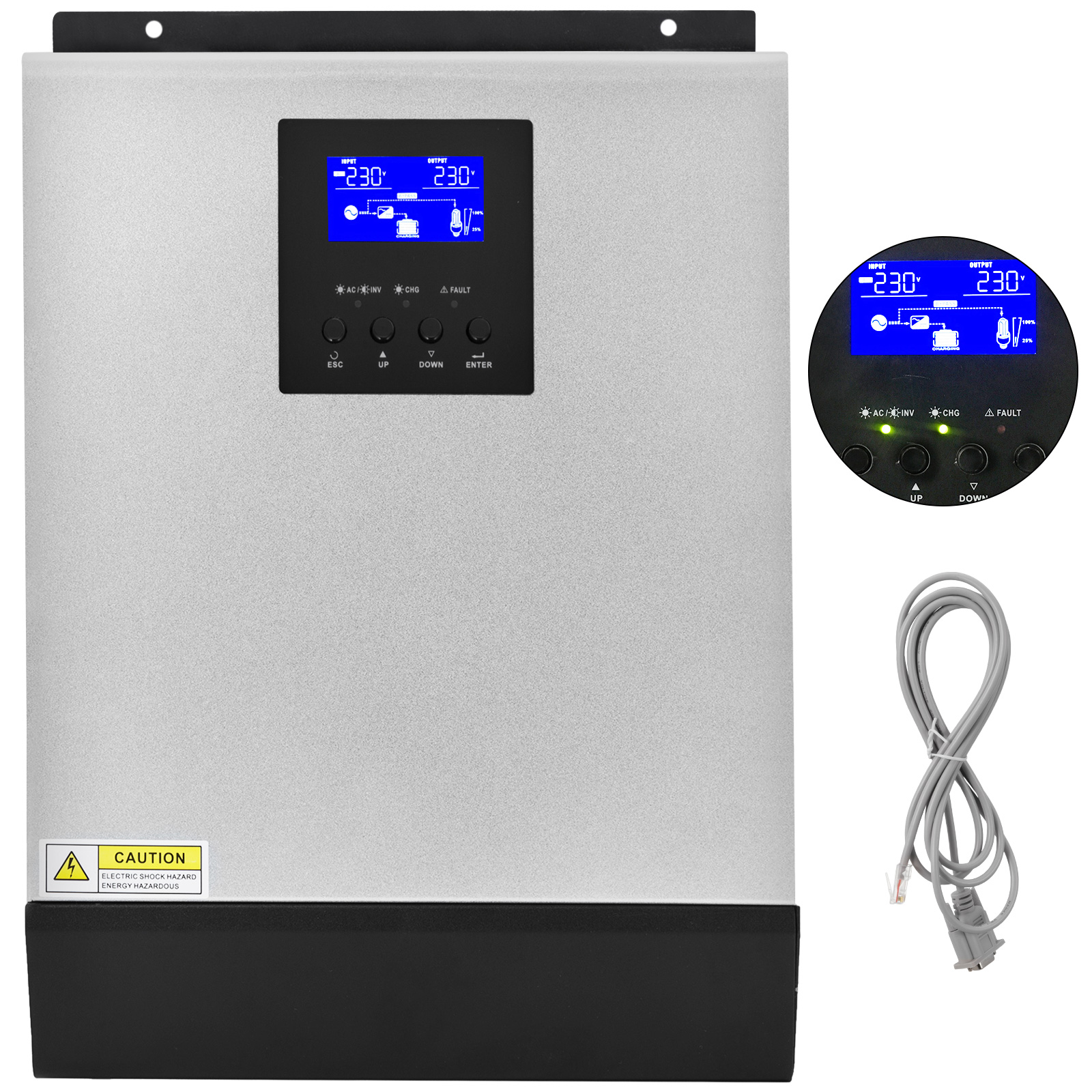 VEVOR 2400W saules invertors ar lcd ekrānu un barošanas kabeļu komplektu.