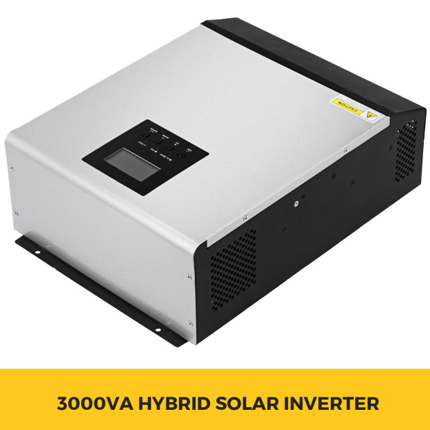 3000va hibrīda saules invertors ar digitālo displeju, melns un sudraba korpuss, VEVOR logotips.