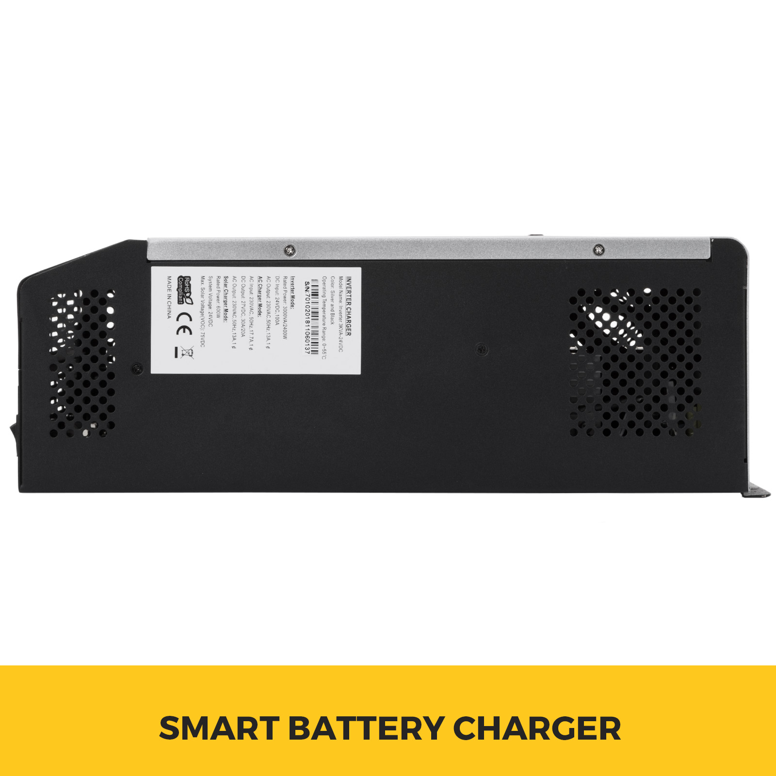 VEVOR 2400W saules invertors ar viedo akumulatoru lādētāju ar uzrakstu.