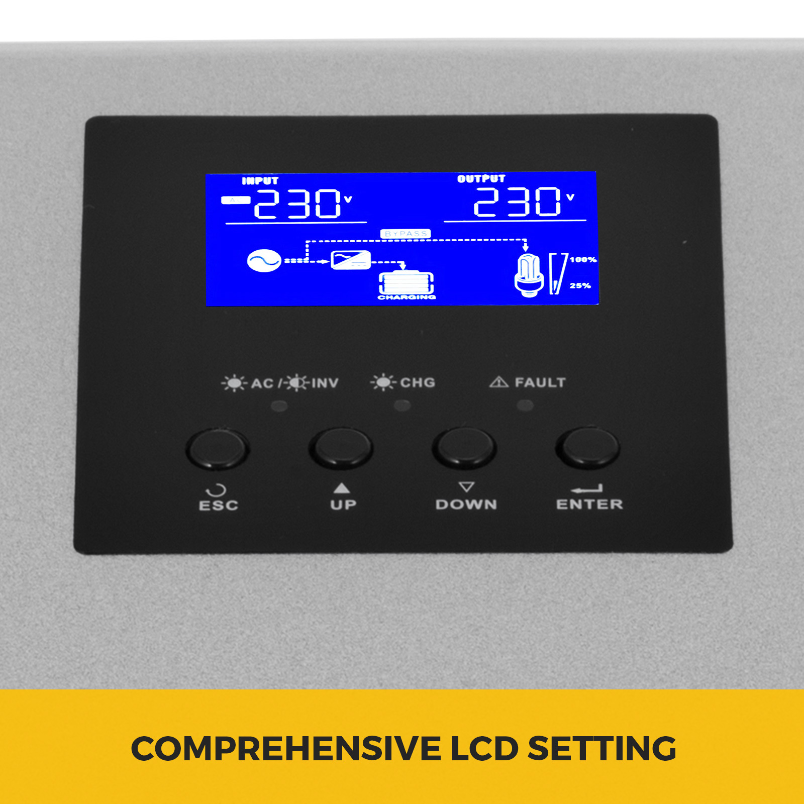 VEVOR 2400W saules invertora lcd displejs ar vadības pogām un iestatījumu ikonām