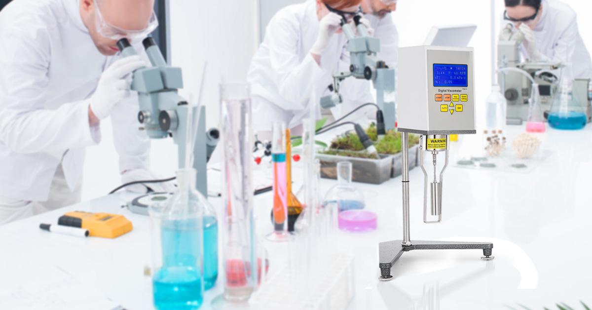 scientists in a lab with a VEVOR digital viscometer and various laboratory equipment.