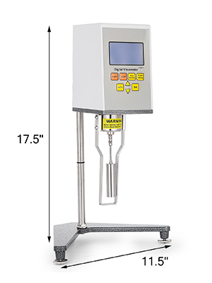 VEVOR digital viscometer on a stand with dimensions labeled 17.5" and 11.5".