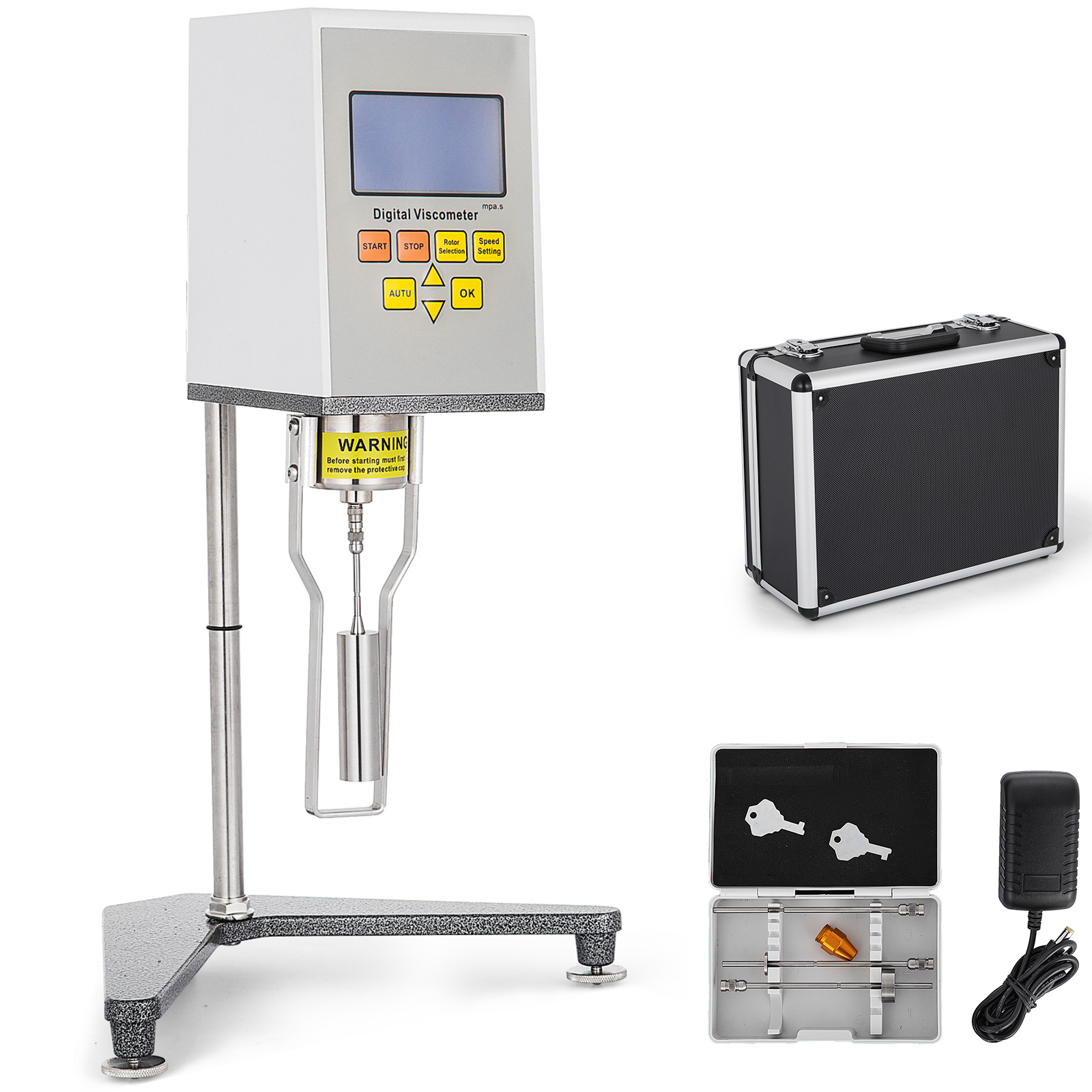 VEVOR digital viscometer with accessories, carrying case, and power adapter.