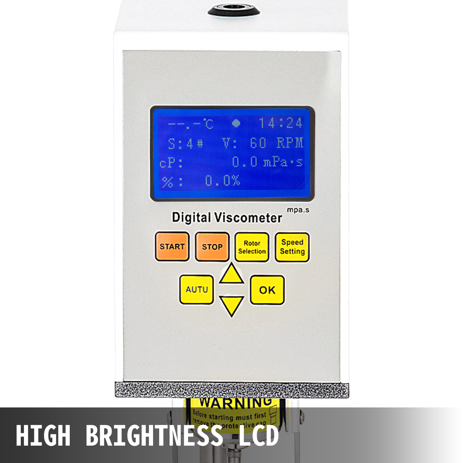 VEVOR digital viscometer with high brightness lcd screen and control buttons.