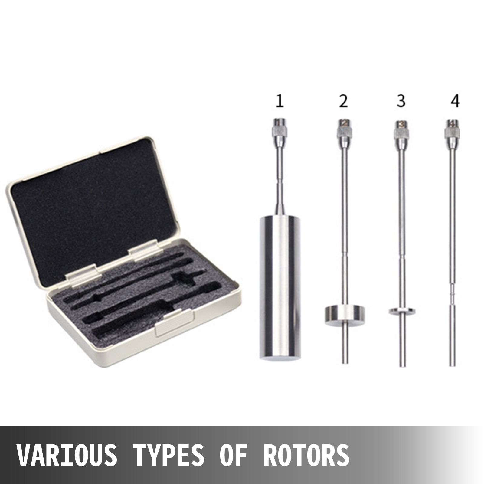 VEVOR digital viscometer with various types of rotors and carrying case.