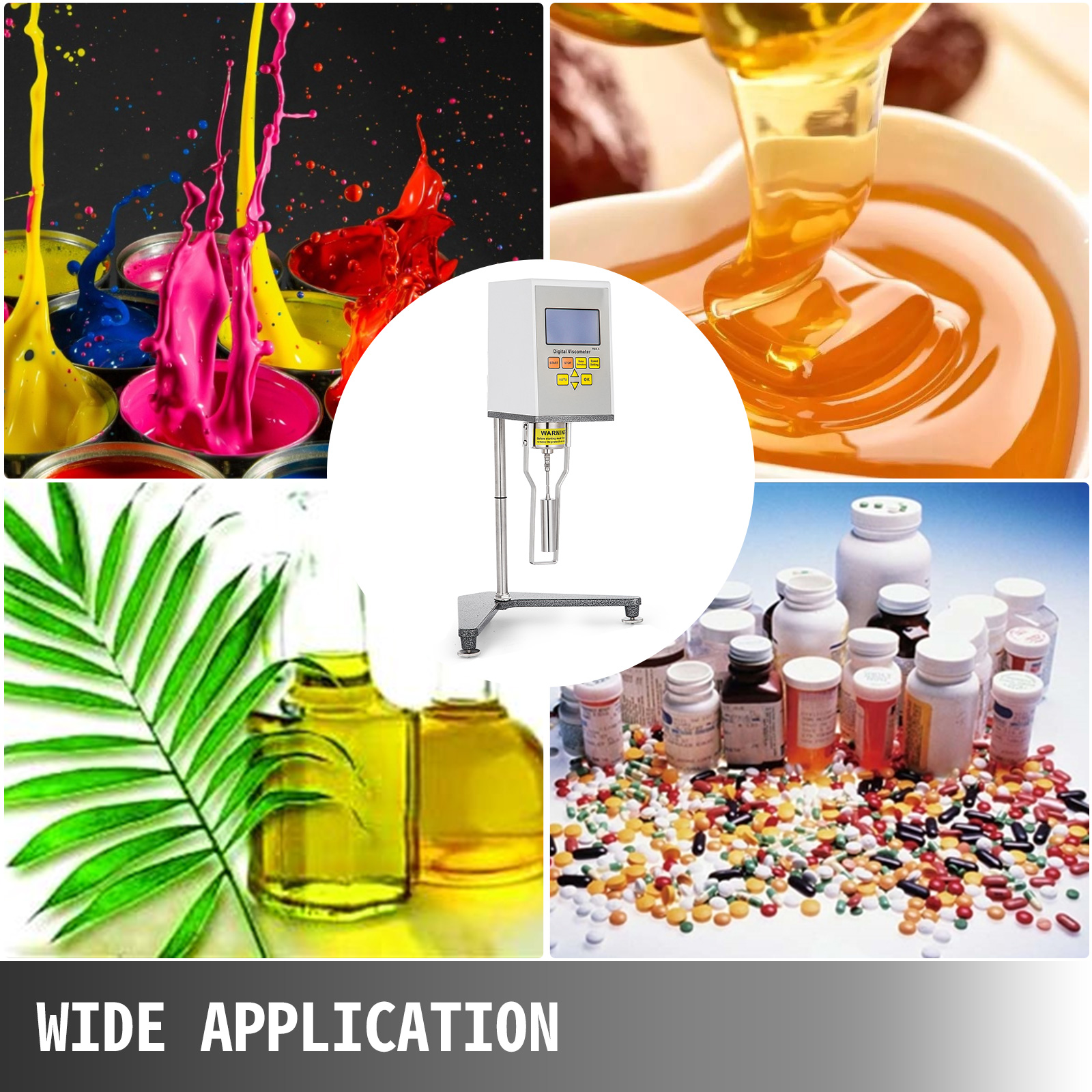 VEVOR digital viscometer showcasing various applications: paint, honey, oils, and pharmaceuticals.