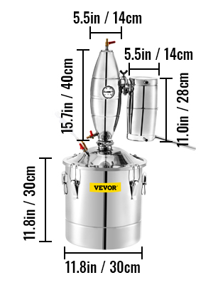 VEVOR alcohol distiller with dimensions marked: 11.8in x 30cm base, 15.7in x 40cm height.