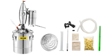 VEVOR alcohol distiller components including hoses, thermometer, and stainless steel pot.