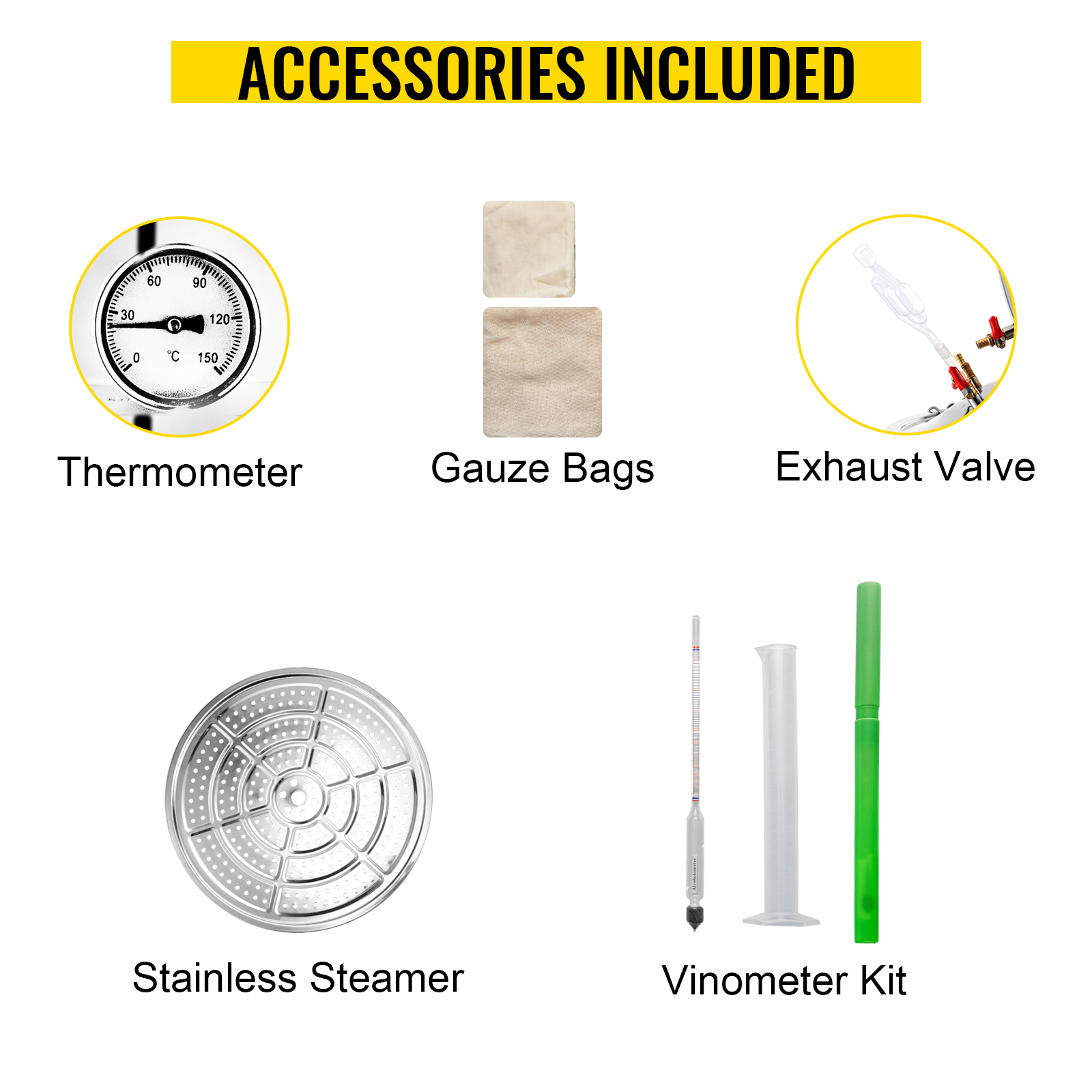 VEVOR alcohol distiller accessories include thermometer, gauze bags, exhaust valve, and more.