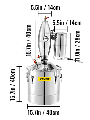 VEVOR water alcohol distiller, stainless steel apparatus with dimensions labeled.