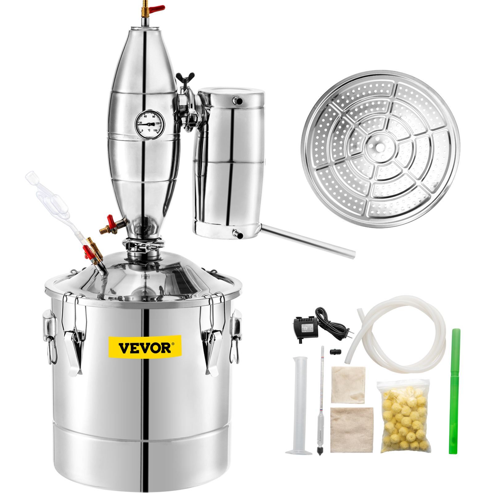 VEVOR water alcohol distiller with stainless steel components and accessories.