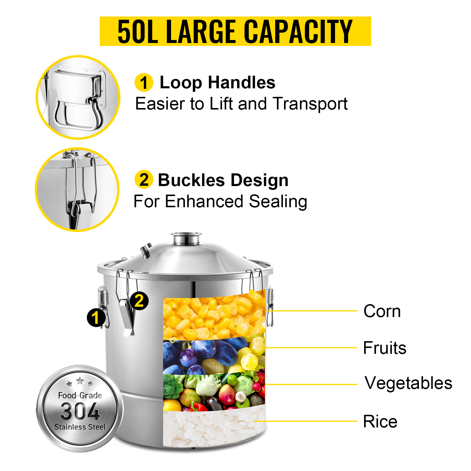 VEVOR water alcohol distiller with 50l capacity, loop handles, buckles, stainless steel.