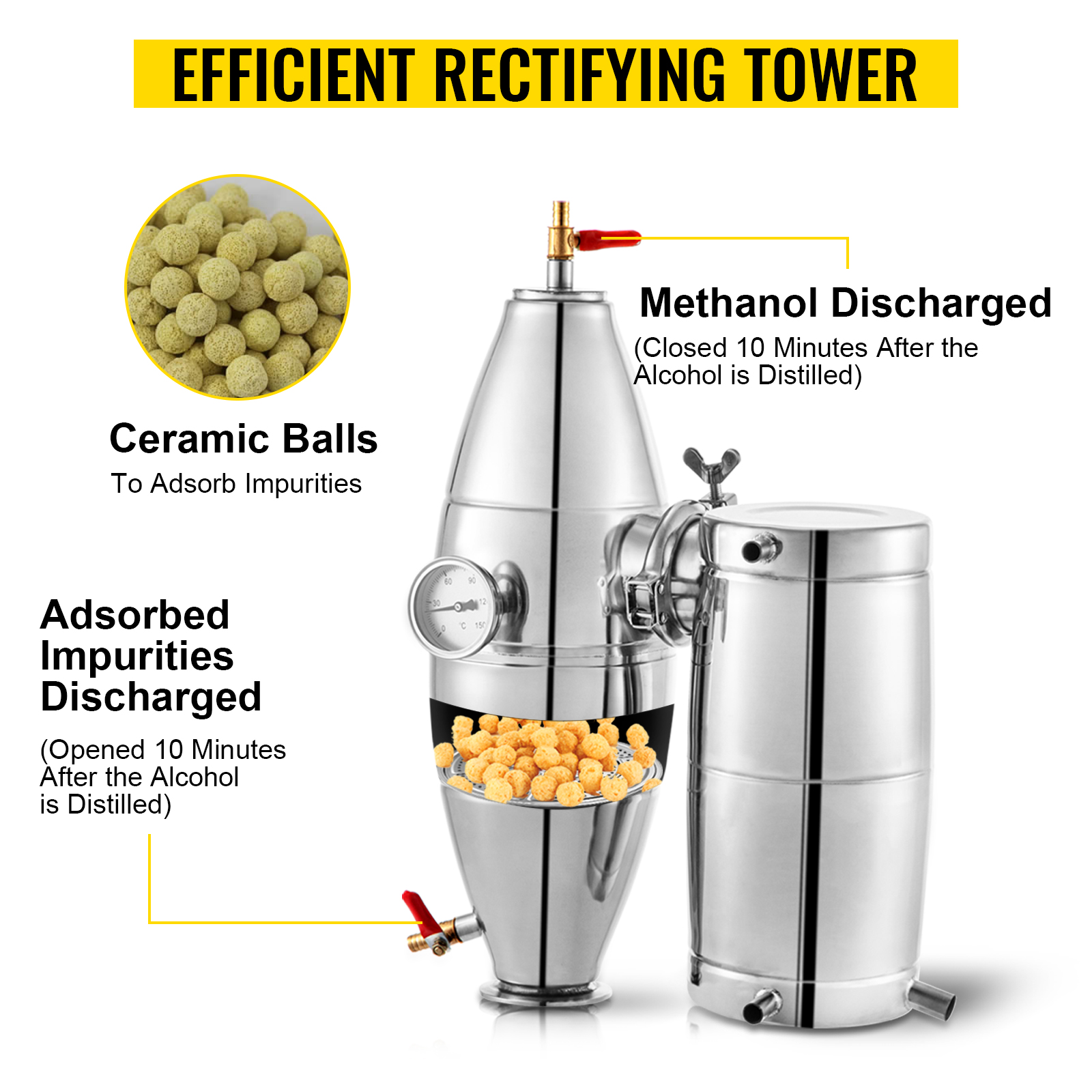VEVOR water alcohol distiller with ceramic balls for impurity adsorption.