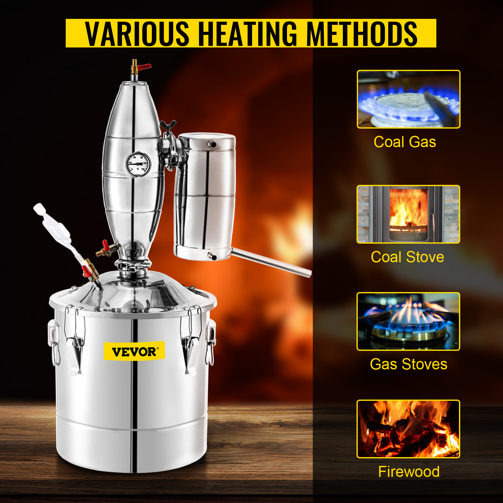 VEVOR water alcohol distiller with various heating methods including coal gas and firewood.