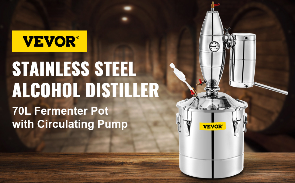 VEVOR water alcohol distiller with 70l stainless steel fermenter pot and pump.
