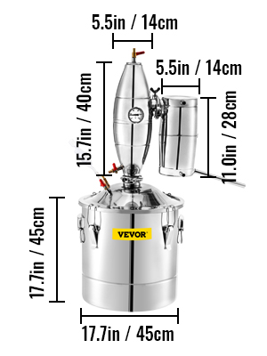VEVOR water alcohol distiller stainless steel, measurements indicated.