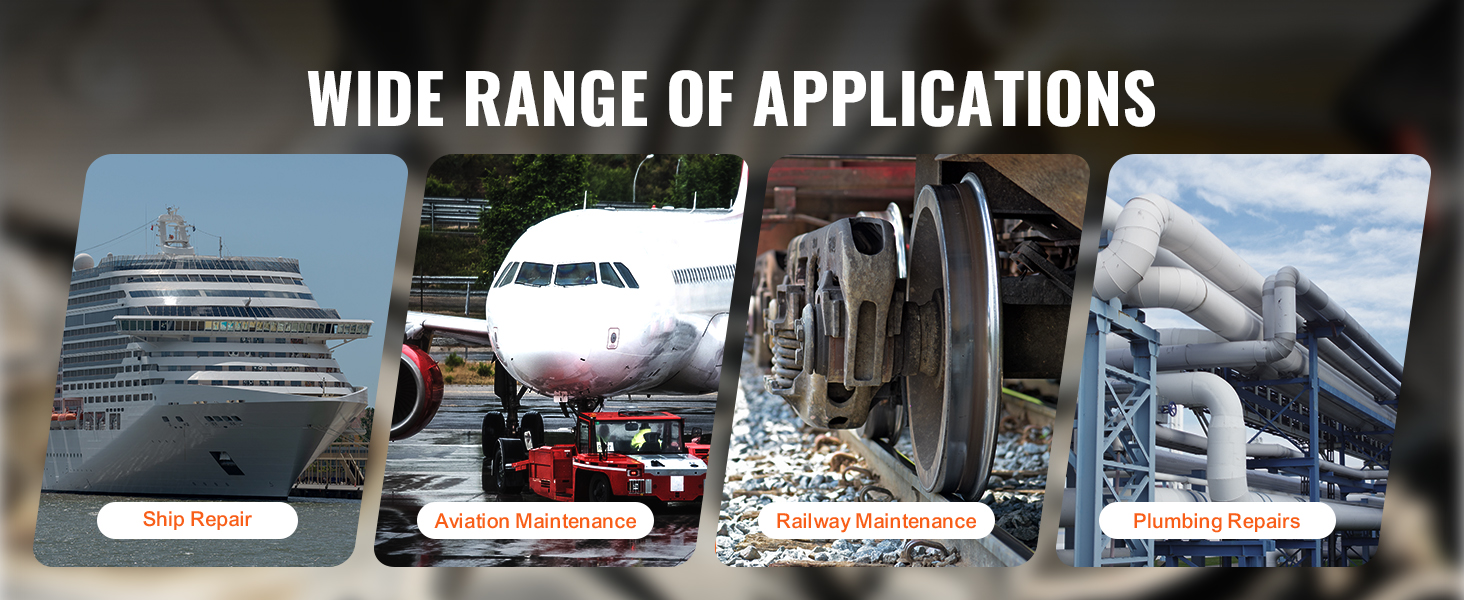 wide range of VEVOR crowfoot wrench set applications: ship repair, aviation, railway, and plumbing.