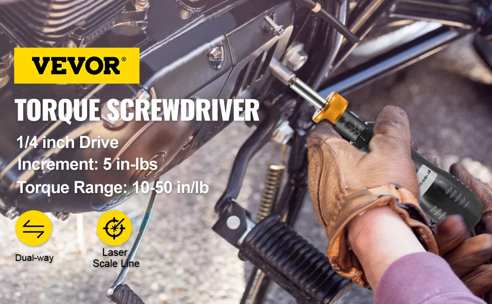 mechanic using VEVOR torque screwdriver with 1/4 inch drive on a motorcycle engine.