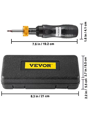 VEVOR torque screwdriver with case showcasing product dimensions.