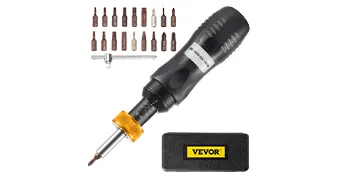 VEVOR torque screwdriver with multiple bits and a black carrying case.