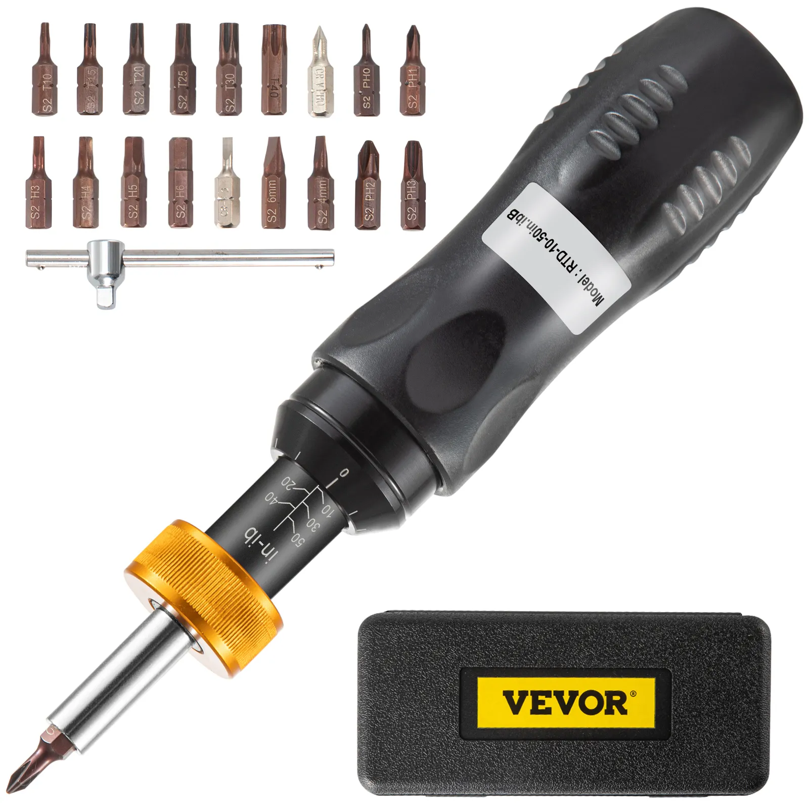 VEVOR torque screwdriver with various bits and a carrying case.