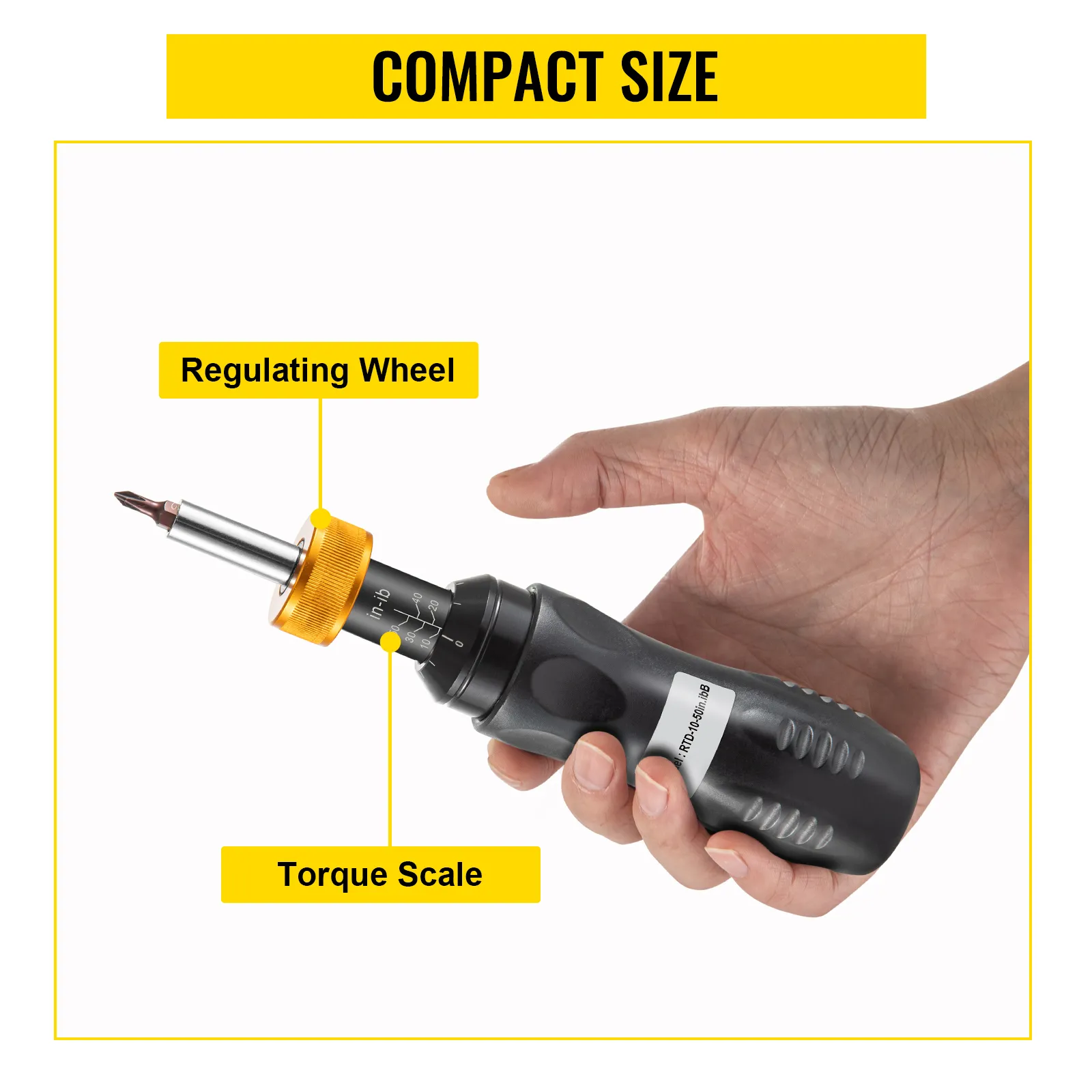hand holding VEVOR torque screwdriver with regulating wheel and torque scale. compact size.