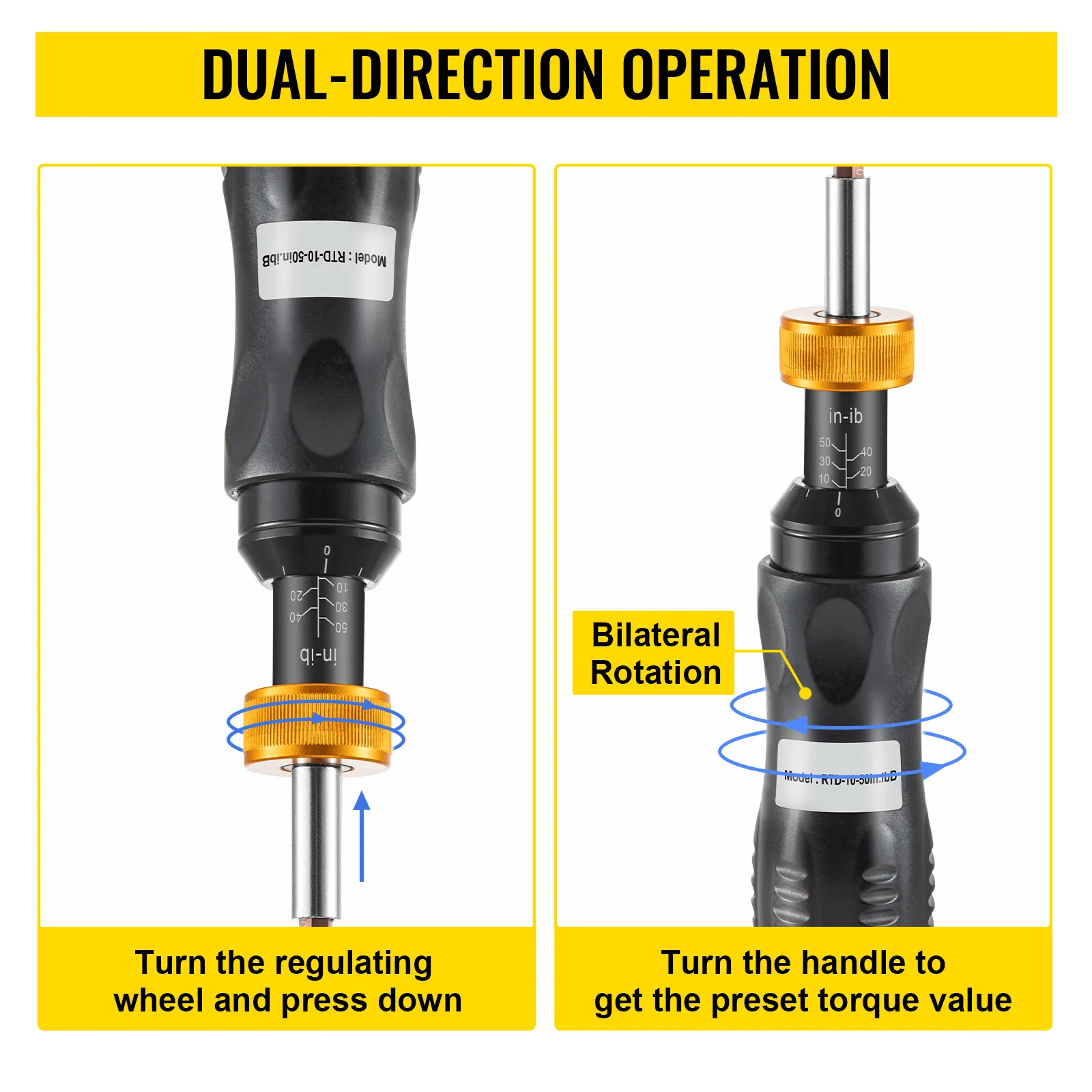 VEVOR torque screwdriver with dual-direction operation showing adjustment instructions.