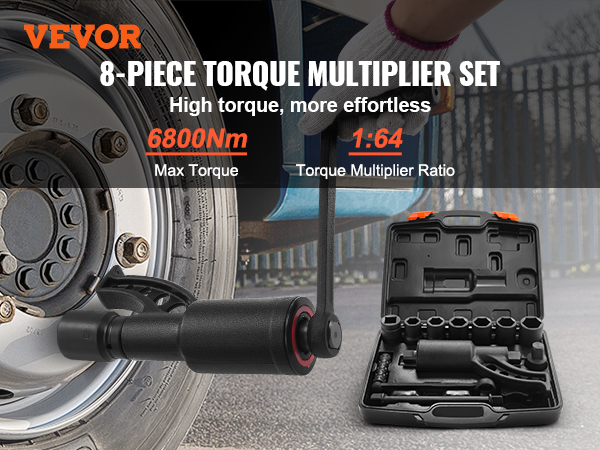 8-piece VEVOR torque multiplier set with 6800nm max torque and 1:64 ratio tool shown with carrying case.