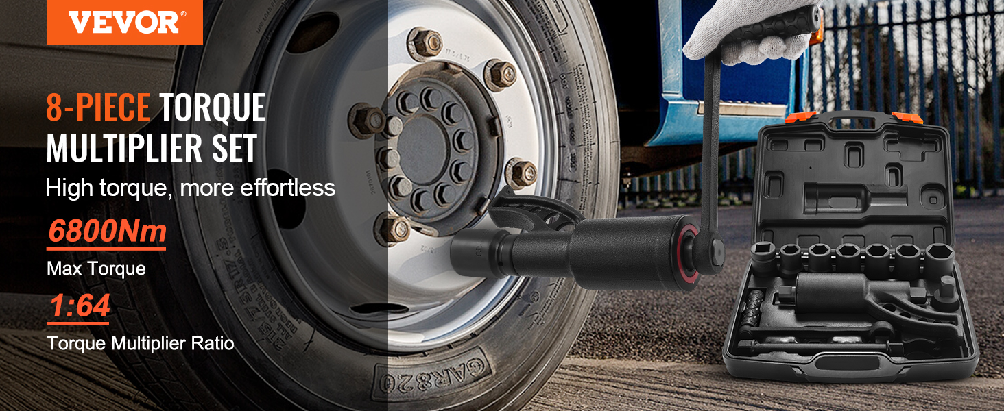 8-piece VEVOR torque multiplier set with 6800nm max torque and 1:64 ratio tool shown with carrying case.