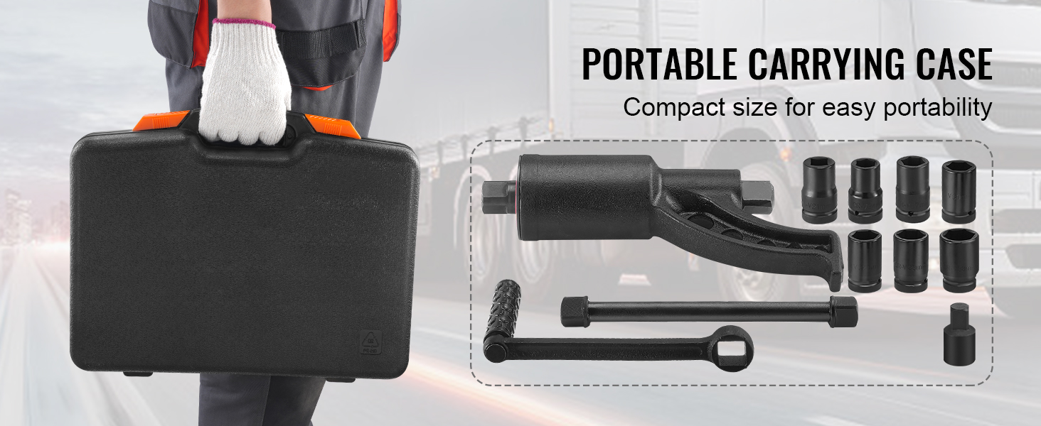 worker holding a black portable carrying case for the VEVOR torque multiplier with included sockets.