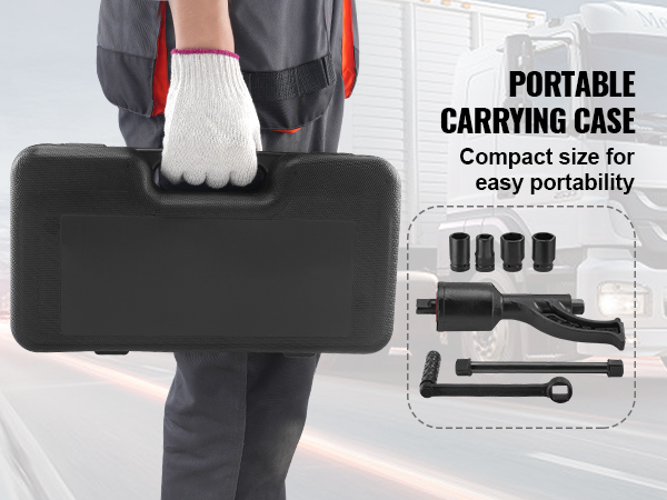 VEVOR torque multiplier with carrying case and components for easy portability next to trucks.