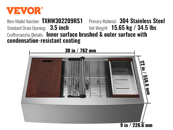 VEVOR farmhouse sink, 304 stainless steel, 30x22x9 inches, brushed inner surface, wooden components.