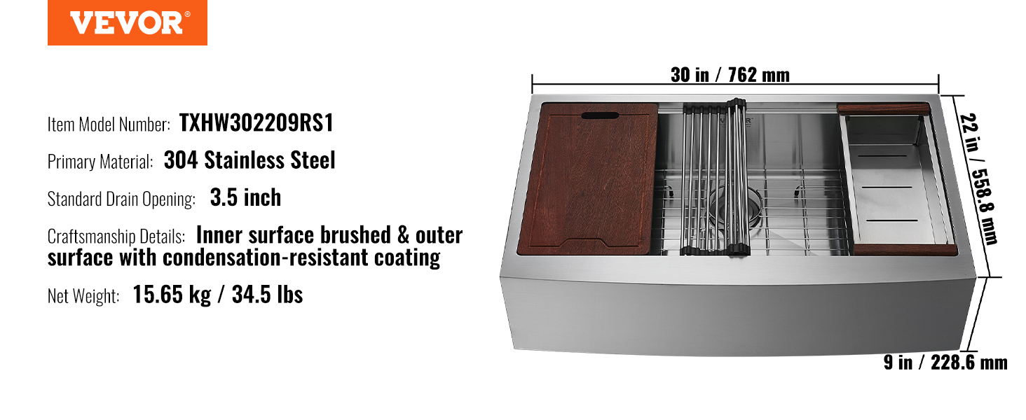 VEVOR farmhouse sink, 304 stainless steel, 30x22x9 inches, brushed inner surface, wooden components.