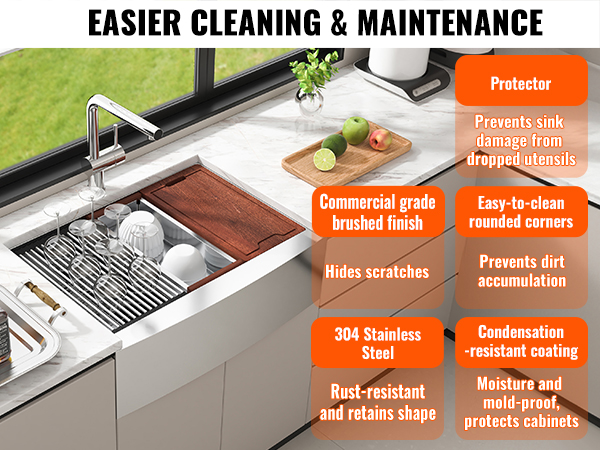 VEVOR farmhouse sink with 304 stainless steel, protector, and wooden cutting board.