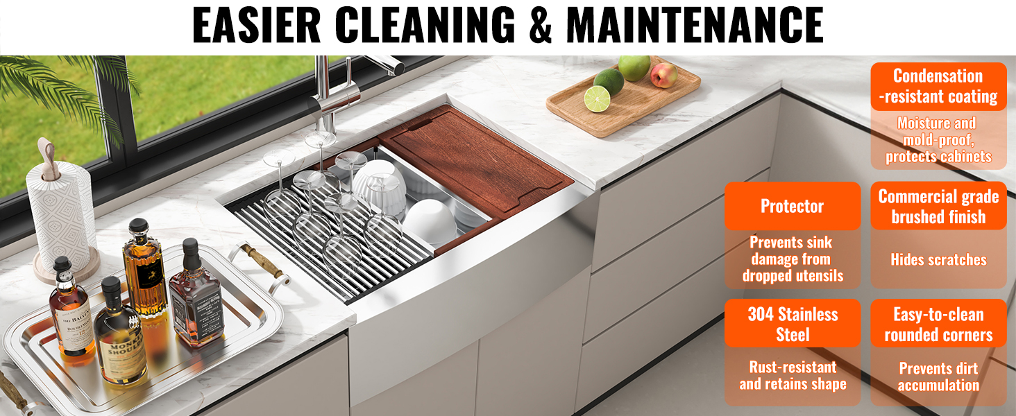 VEVOR farmhouse sink with 304 stainless steel, protector, and wooden cutting board.