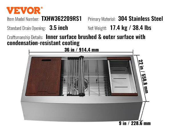 VEVOR 36-inch 304 stainless steel farmhouse sink, includes cutting board and drying rack.